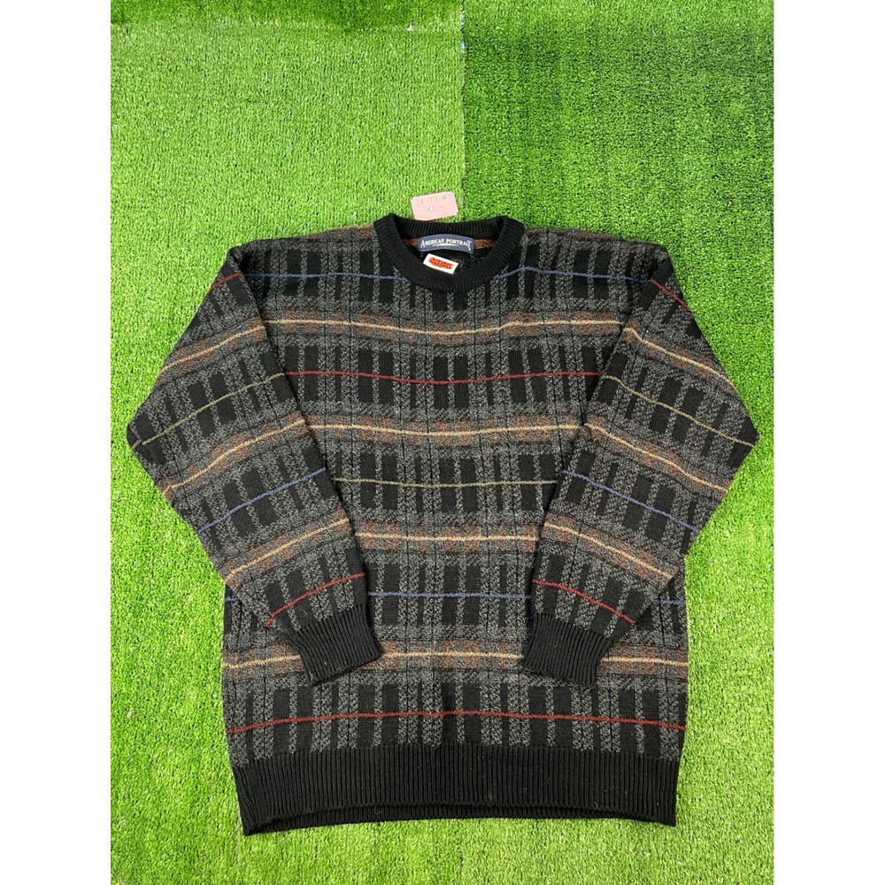 Vintage American Portrait Mens XL+ Crewneck Sweater Multi Color Grid Knit Retro